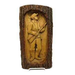 WOOD Carving with Tree Bark Wall Art Hunter Rifle Decor from Canada 14 inches